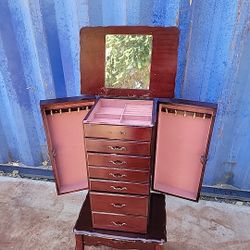 Vintage Wooden Queen Anne Style Jewelry Armoire - Lined Jewelry Compartments