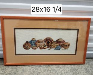 Framed Native American Pottery Cross Stitch Art
