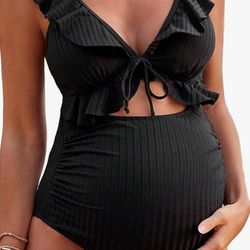  MakeMeChic Women's Maternity Bikini Sets Bathing Suit Cut Out Backless Ruffle V Neck Pregnancy Swimwear