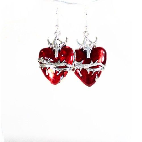 Grunge Goth Barbed Wire Heart And Cross Earrings With Hypoallergenic Hooks
