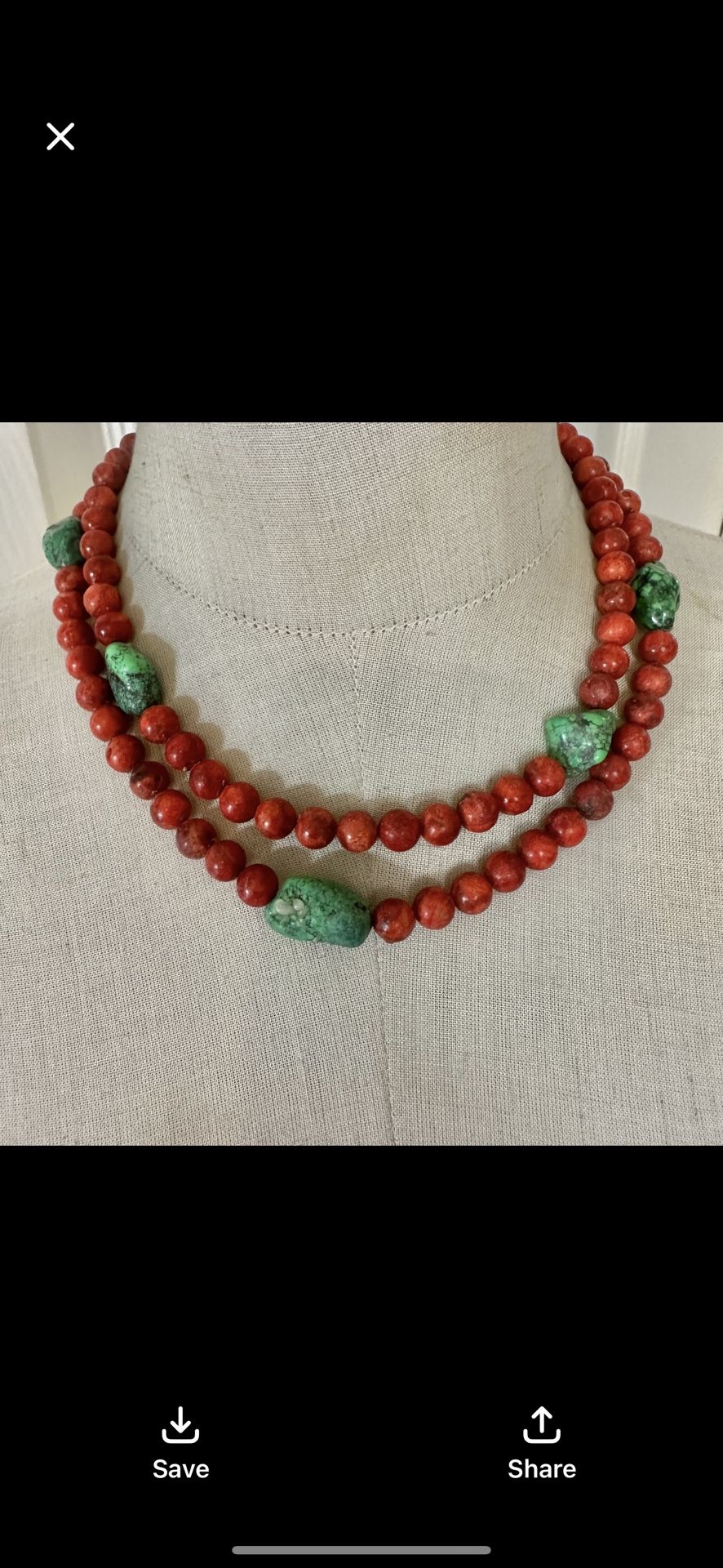  Sterling Silver Coral & Green Magnesite (maybe turquoise) Double-Strand Necklace