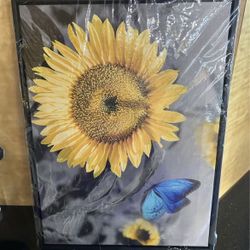 New Framed Sunflower Picture With Blue Butterfly on canvas. Ready To Hang