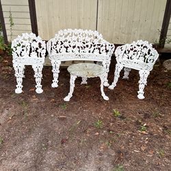 Antique Victorian Cast Iron Grape Leaf Garden Settee, Chairs, Table - 4 Piece Set