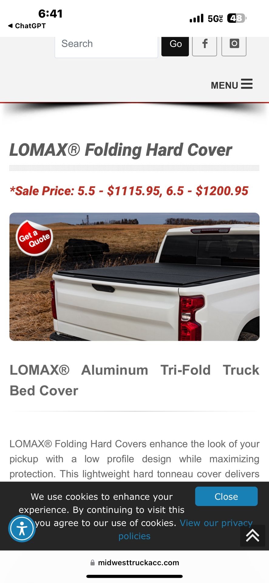 LOMAX Truck Cover 66x77 Inches