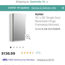 Kohler K-CB-CLC1526FS Two Shelf Flat Mirrored Bathroom Medicine Cabinet