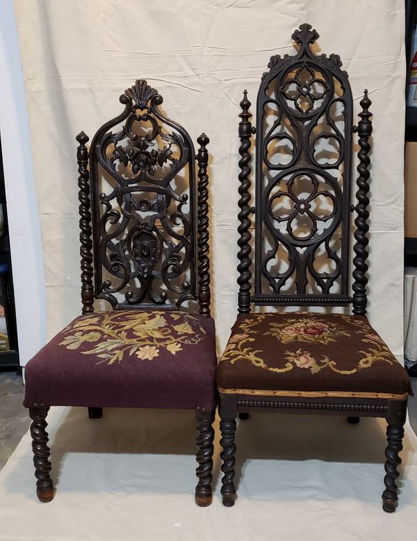 Antique Gothic Renaissance Revival Barley Twist Pair Of Chairs