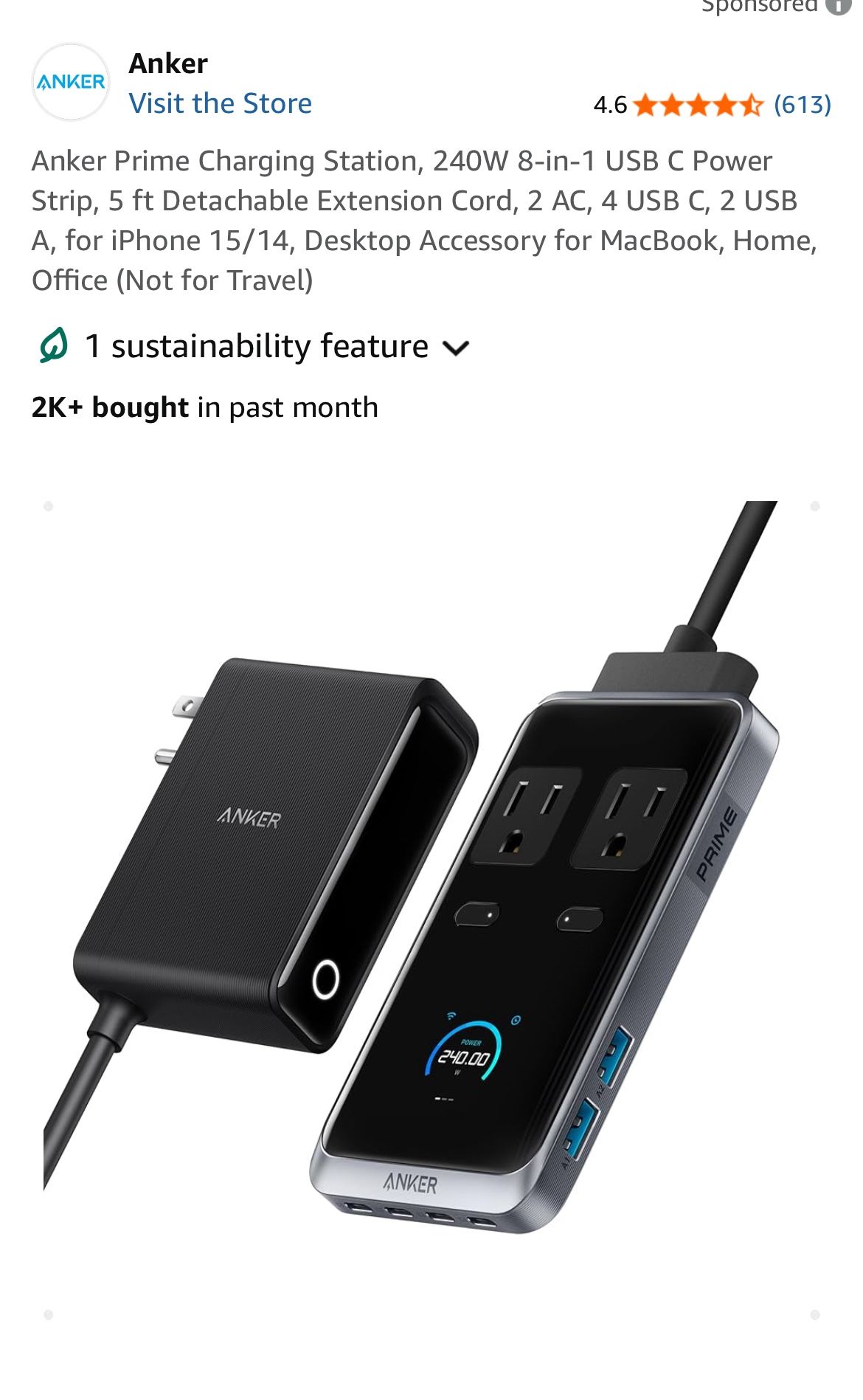 Anker Prime Charging Station, 240W 8-in-1 USB C Power Strip, 5 ft Detachable Extension Cord, 2 AC, 4 USB C, 2 USB A, for iPhone 15/14, Desktop Accesso