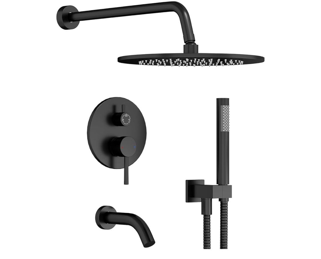 Gabrylly Black Shower System with Tub Spout, Bathtub Shower Faucets Set with 3-Way Shower Valve, High Pressure 10" Rain Shower head with Handheld Spra