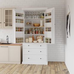 77inch Farmhouse Kitchen Pantry, Large Wood Storage Cabinet with 3 Adjustable Shelves, 8 Door Shelves and 3 Drawers, Freestanding Tall Cupboard Storag