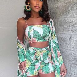 Women 3 Piece Outfits Set Floral Kimono Cardigans Cover Up Off Shoulder Crop Cami Top Short Suits Green XL