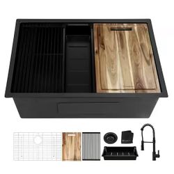 Kitchen Sink with Black Spring Neck Faucet