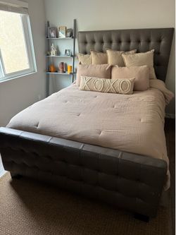 Z Gallerie Queen Grey Leather Bed WITH mattress