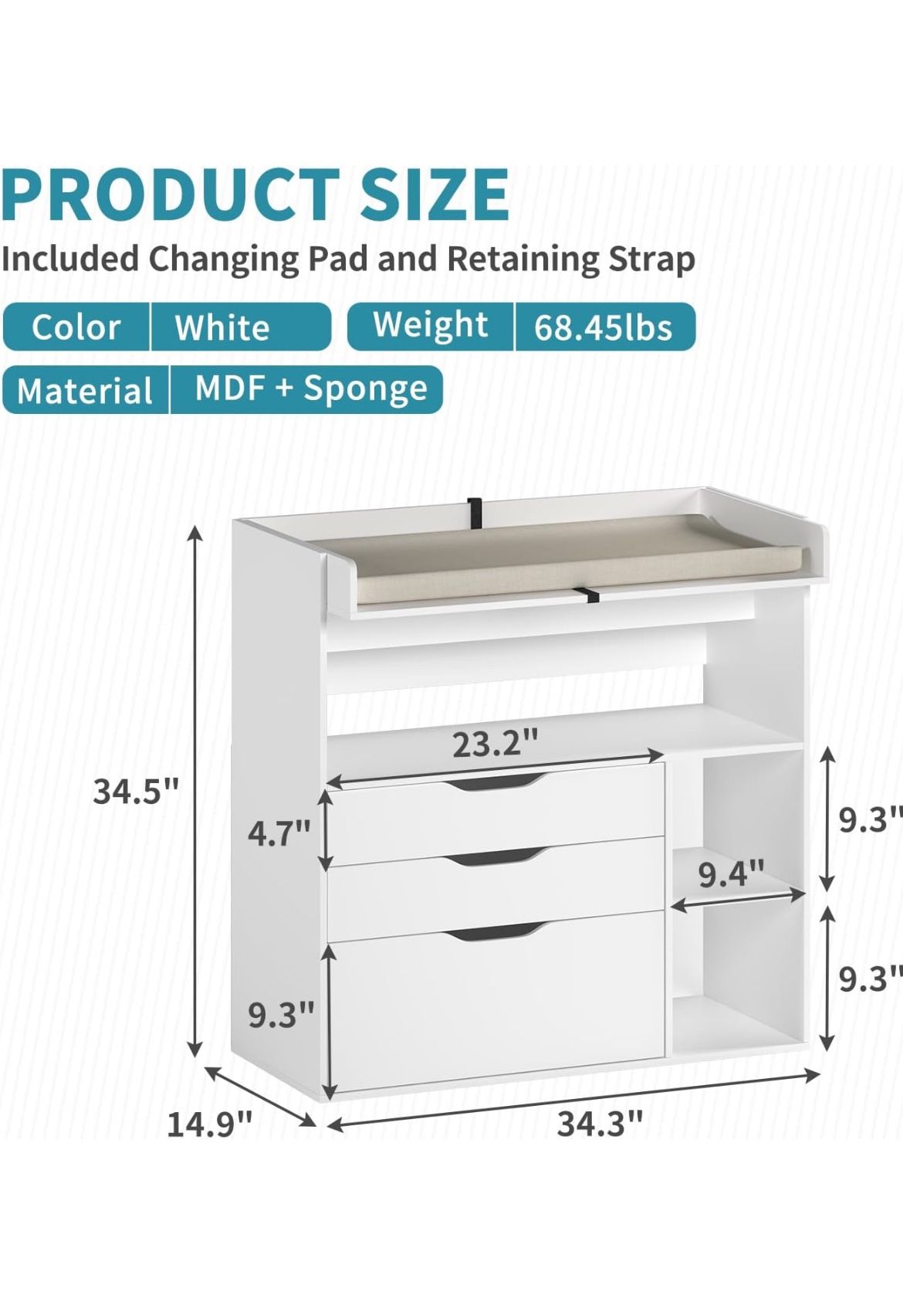 Baby Changing Table dresser 3 Drawers & 3 Storage 