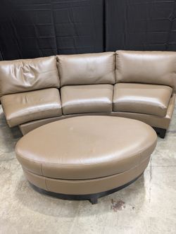 Contemporary Brown Leather Curved Sectional Sofa with Matching Round Ottoman