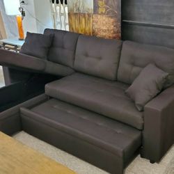 Charcoal Linen Sectional w/chaise storage and pullout Bed