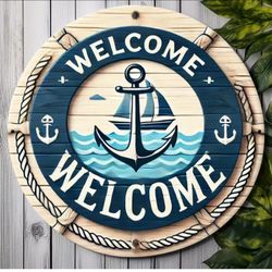 Anchored Welcome — Nautical Ship Wheel Wood Wall Plaque
