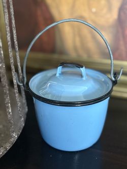 Vintage Blue Enamelware Pot with Lid