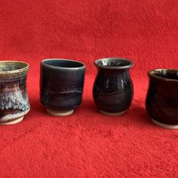 Lot 4 WHITEFISH SAKE SHOT GLASS TOOTHPICK HOLDER MINI CUP POTTERY BLUE ~ Made In USA