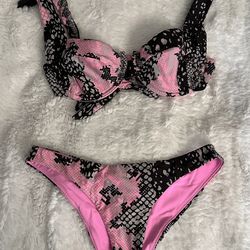 Beach Bunny Two Piece Swim Suit Pink Black Animal Print
