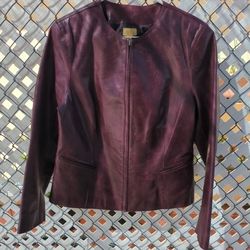 Caslon Burgundy Leather Jacket Size Medium Classic Minimal Zip Front