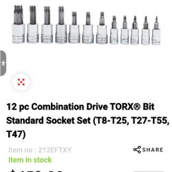 12 pc Combination Drive TORX® Bit Standard Socket Set (T8-T25, T27-T55, T47)
Item no :212EFTXY