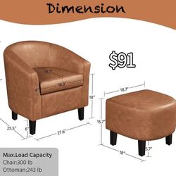 😀 Yaheetech Accent Chair with Ottoman Foot Rest, PU Leather Mid Century Modern Upholstered Soft Barrel Chair Comfy Armchair and Footrest Set 