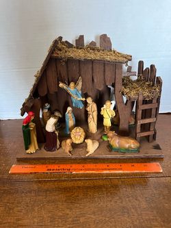Vintage MCM 12 Piece Wooden Nativity Creche Set