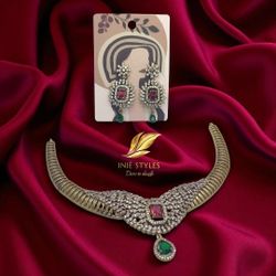 Classy diamond choker type Neckset with earrings |AD stone set| Victorian stone pendant drops