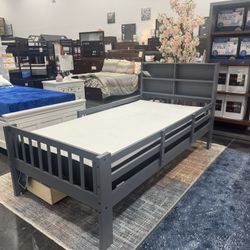 TWIN SIZE BED WITH BOOKCASE HEADBOARD AND TWO DRAWERS/ Also available in white color 