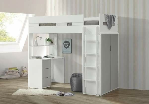 WHITE / GREY FINISH TWIN SIZE LOFT BED STORAGE SHELVING DESK WORKSTATION