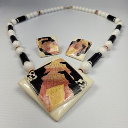 Vintage 80's Art Deco Ceramic Beaded Set Statement & Earrings Japan Signed 