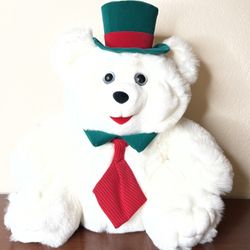 DanDee White Teddy Bear Plush Stuffed Animal 16” Green Red Top Hat Tie Christmas