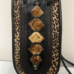 Vintage Indian Handmade Black Leather Crossbody Purse w Tassels & Faux leopard  