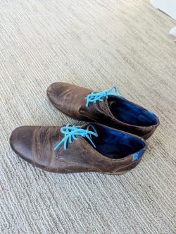 John Fluevog Mens CBC Radio Oxfords Size 8 M Brown Leather Turquoise Dress Shoe