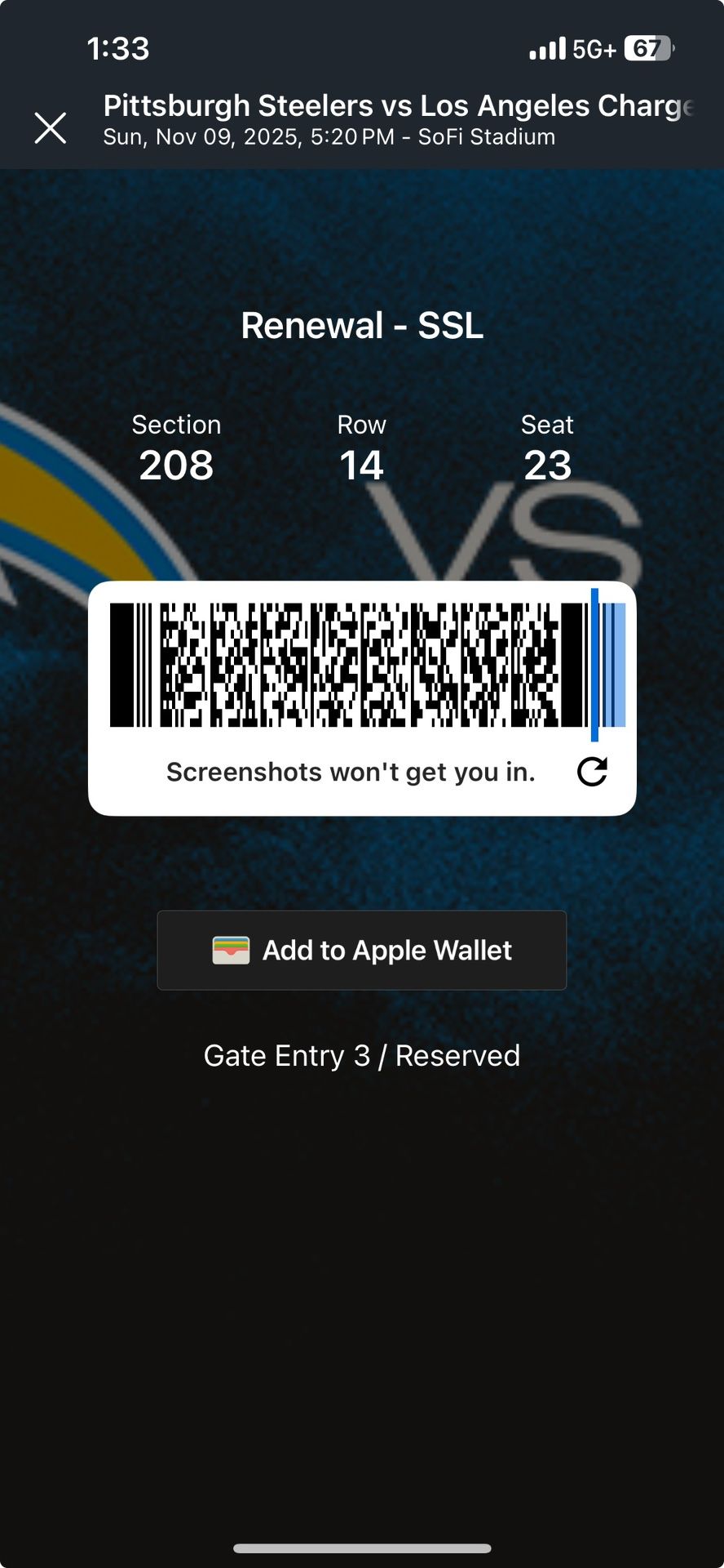 Charger Steelers And Parking Pass 