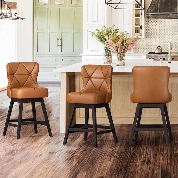 Zola 26 in. Whiskey Brown Wood Frame Faux Leather Upholstered Swivel Bar Stool (Set of 3)