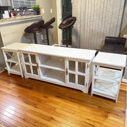White 3 Piece TV Stand Set with Glass Doors