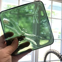 Thick Green Raised Dragonfly Glass Tile / Paperweight / Sun Catcher / Candle Holder approx 5.25" square