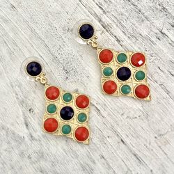 Gold Tone Colorful Checkerboard Post Drop Earrings 