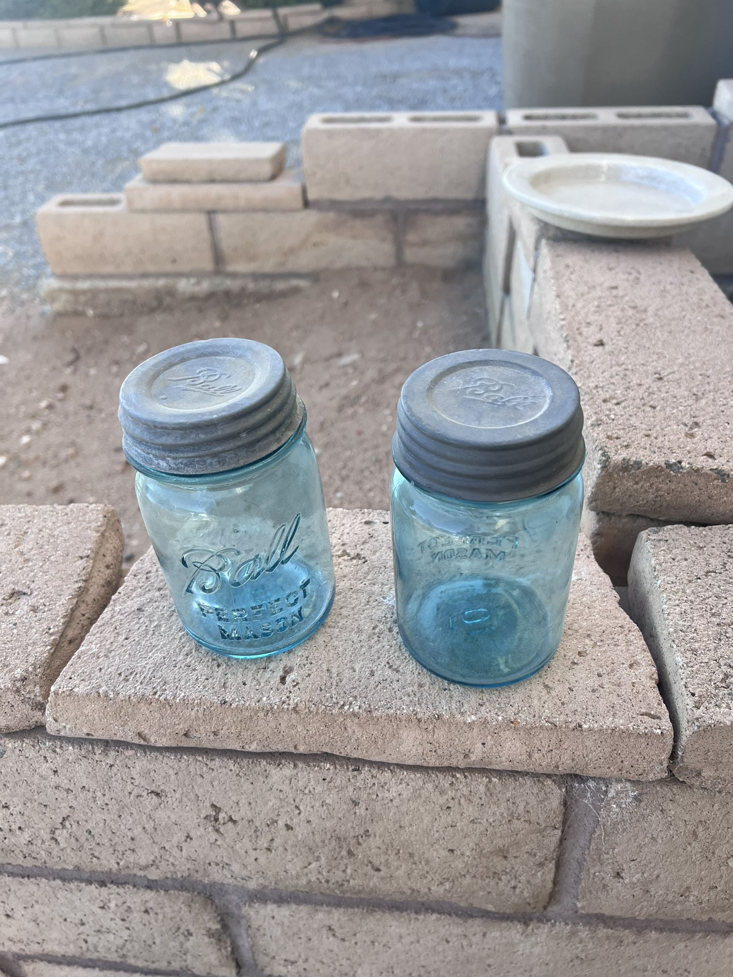2 Blue Jars With Antique Lids