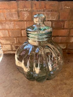 1970's Light Green Ribbed Pumpkin Shaped Apothecary Glass Jar with Lid