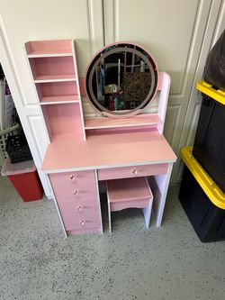 Kids Pink Vanity Desk with Mirror and Stool