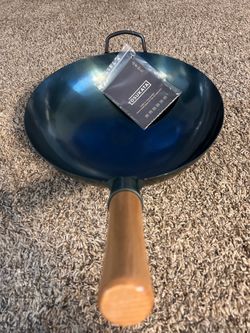 Brand New Yosukata Blue Carbon Steel Wok with Wooden Handle