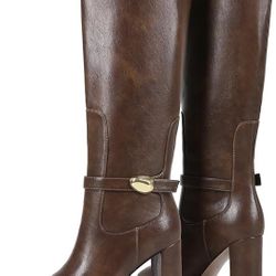 9.5 Brown Knee High Boots with gold metal buckle (Brand New)