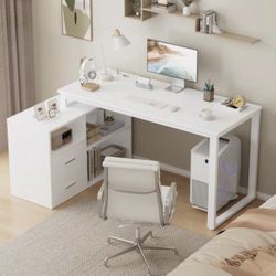 L Shaped Desk With Power Outlets, 55" Reversible Corner Gaming Computer Desk With File Drawer,Home Office Desk With Storage Shelves