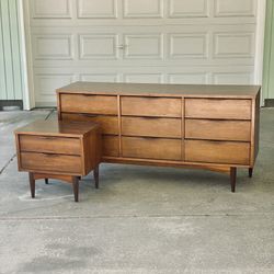 Mid Century Walnut Lowboy Dresser and Nightstand Set 
