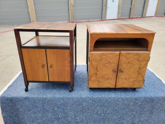 MCM Wood Vintage Side Nightstand Media Vinyl Stand Cabinets w/ Caster Wheels