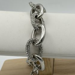 Chicos Silver Tone Bracelet Large Link 7” Adjustable Chunky Rhinestone Great Condition