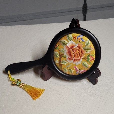 Korean Embroidered mirror with peony print (yellow)