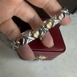 925 Sterling Silver, ‘X’s & Gold & Rose Gold Overlay Hearts Bracelet, Size 7.5 , Marked 925 Italy W/ A Hallmark , Slide Closer W/ Safety Latch 